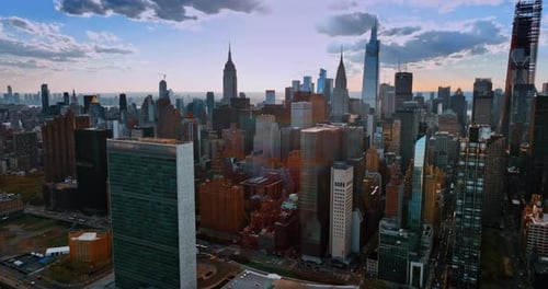 Majestic scenery of New York, US at daytime. Panorama of Manhattan from drone footage.