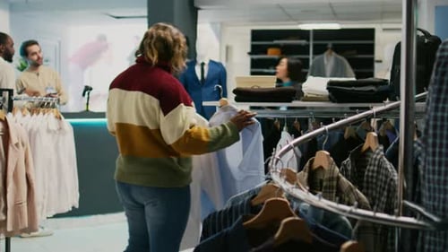 Modern Client Looking at Shirts Hanging in Clothing Store