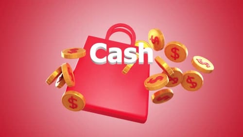 Animated 3D Shopping Bag with Falling Gold Coins and Cash Back Text