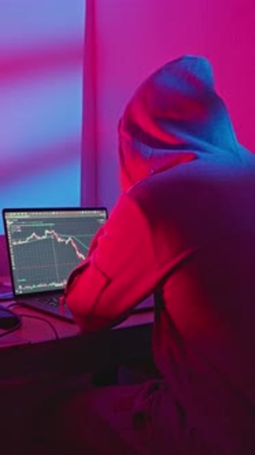 Hooded Figure Analyzing Data on Laptop Screen