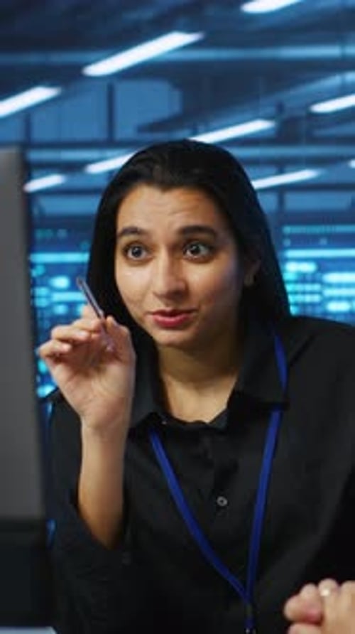 Vertical Video Colleagues Examining Infrastructure in Data Center