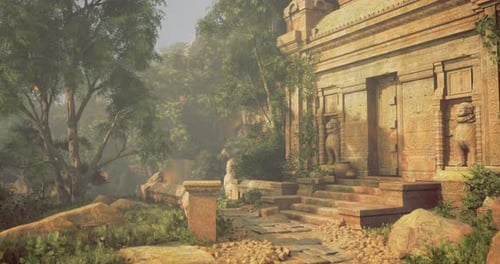 Ancient Temple with Detailed Carvings Surrounded By Lush Greenery