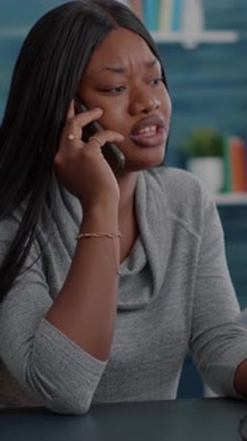 Vertical Video Upset Black Student Discussing with Collegue at Phone Analyzing Paperwork