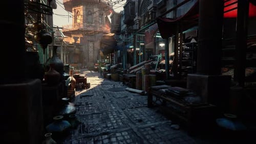 Evening Marketplace Ambiance Quiet Street Illuminated By Warm Amber Glow