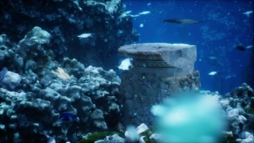 Sunken Remnants of Old Civilization Coated in Algae and Coral on Sea Bed