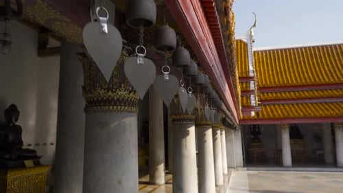 Bangkok, Thailand - Wat Benchamabophit Buddhist Temple Marble Made Courtyard And Pillars With Buddha