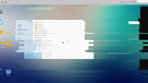 OS Collection: Interface of a rounded desktop developing glitch followed by error messages at consol