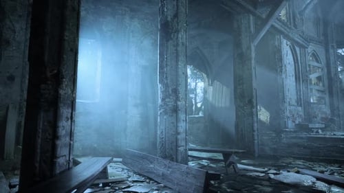 Abandoned Church With Benches and Light Through Windows