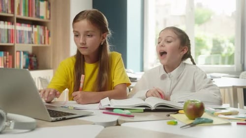 Little Girls Caucasian Children Teens Kids School Students Pupils Study with Laptop Elearning