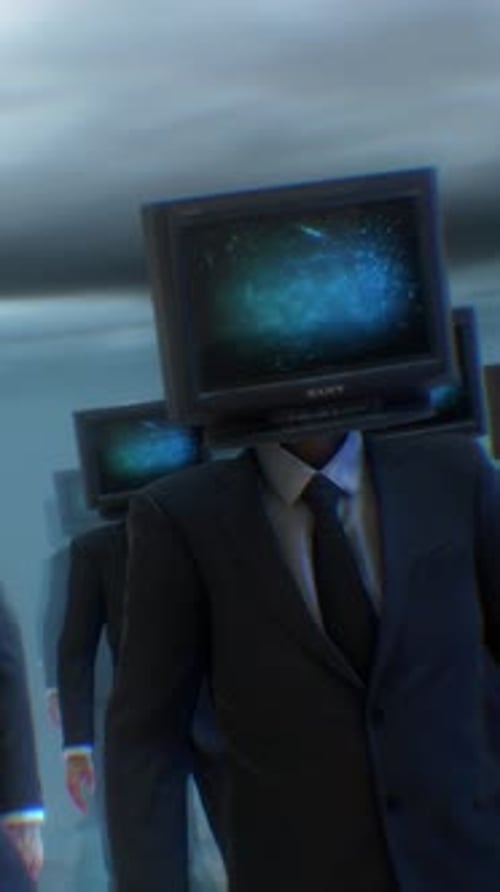Surreal Businessmen with TV Heads and Glitch Screens