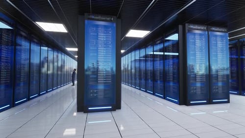Modern Data Center Server Room Flythrough with Animated Lights