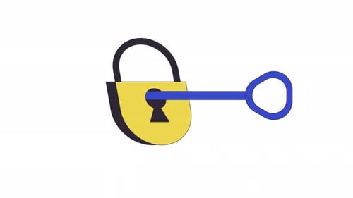 Unlocking lock with key in keyhole line 2D object animation