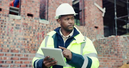 Man, thinking or tablet on construction site for checklist, building project