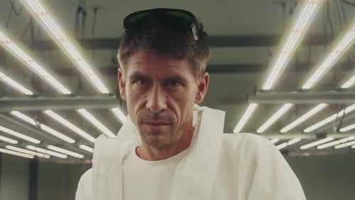 A Cannabis Farmer Stands Confidently Under the Bright Lights of a Greenhouse