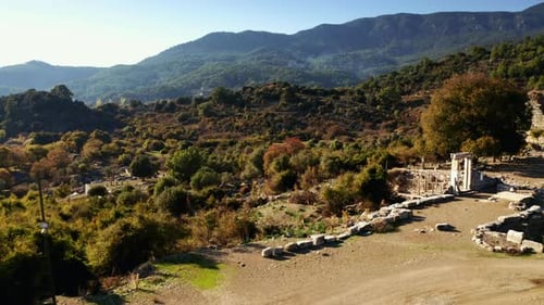 Aerial view of Kaunos ancient city. near the lake in nature. 4K.
