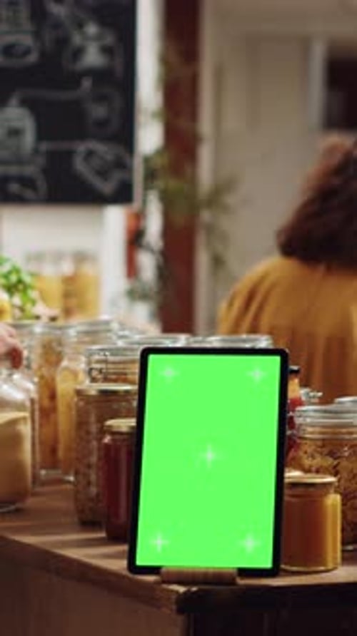 Vertical Video Ad on Mockup Tablet in Local Food Shop