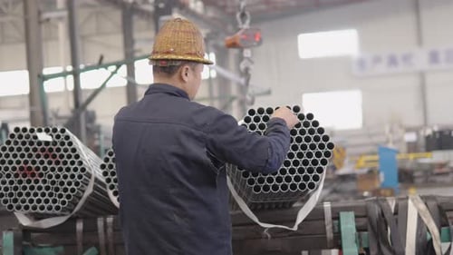 Travailleur asiatique portant un casque de sécurité et un uniforme inspectant des tuyaux en acier groupés, garantissant le contrôle de la qualité et