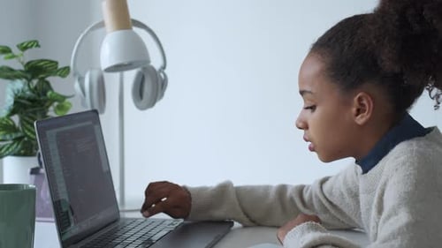 Primary Middle School African American Student Child Girl Study Use Laptop Distance Learning Online