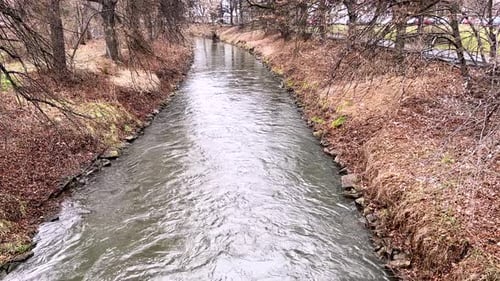 River in autumn flowing among park.