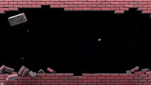Brick wall destruction animation. Exploding red brick wall. Textured brick background with alpha cha