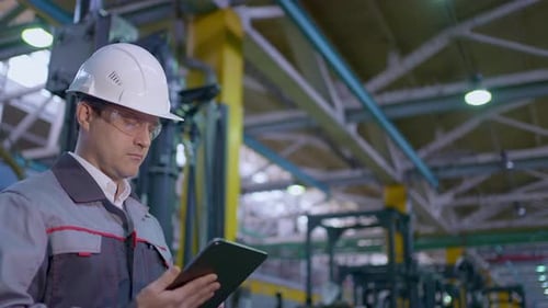 Engineer Man Worker Tablet Heavy Industry Plant Construction Factory Oil Gas Pipeline Manufacture