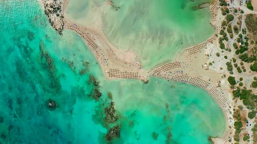 Top down view Scenic Elafonissi beach Turquoise Shallow Lagoons and Sandbanks, Greece Coastline