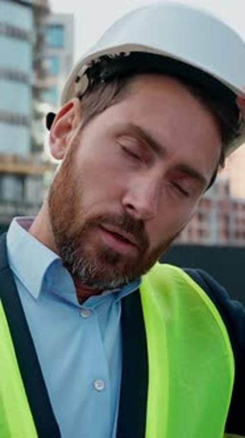Tired Exhausted Builder Caucasian Man Engineer Take of Hardhat End Working Day Middleaged Inspector