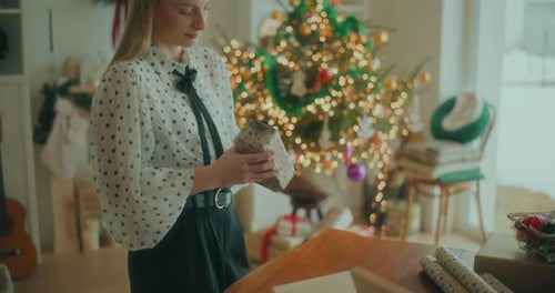 Joyful Woman Decorating Wrapping Christmas Gifts For Xmas Holidays
