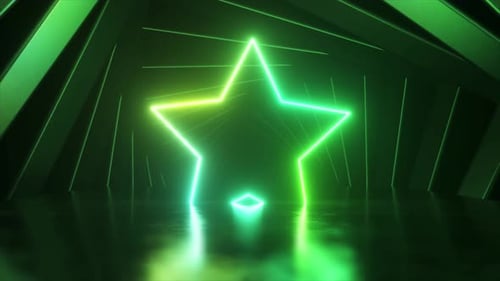 Grüner Neonstern, umgeben von rotierenden Quadraten