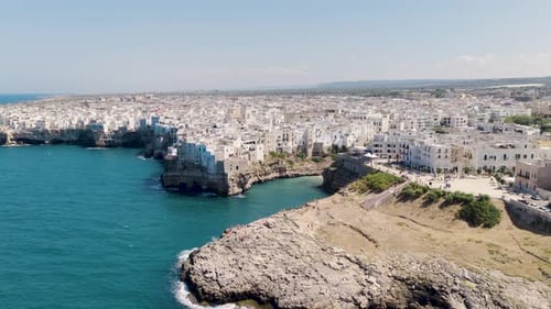 Aerial view of Polignano a Mare coastline, Italy.