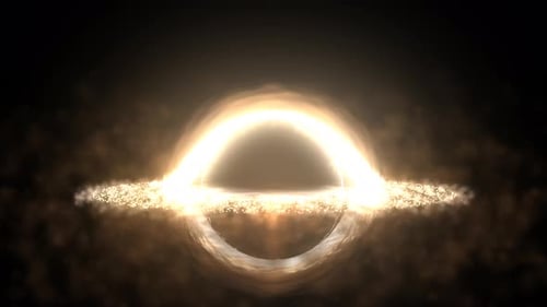 Trou noir brillant dans un espace ouvert avec des particules d'énergie en rotation, sphère cosmique de couleur jaune