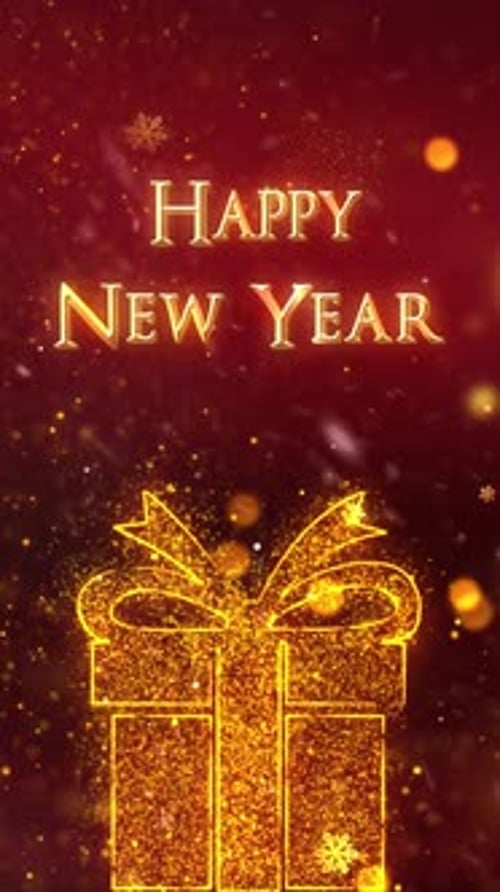 Golden Particles Happy New Year Greeting with Gift Box