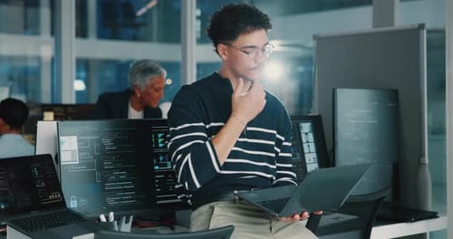 Business people, coding and man with laptop, thinking and problem solving with software update