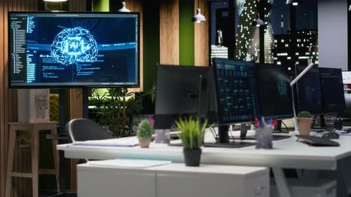 Artificial Intelligence Algorithms Displayed on Screen in High Rise Office