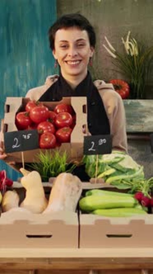Vertical Video Female Vendor Stand Holder at Local Marketplace