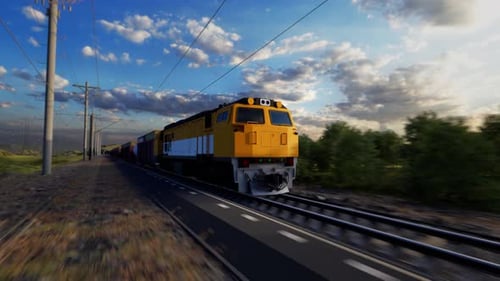 Freight Train Traveling Through Rural Landscape on a Sunny Day