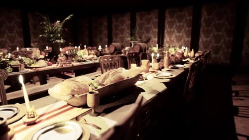 Long Rustic Feast Table with Glowing Candles and Food
