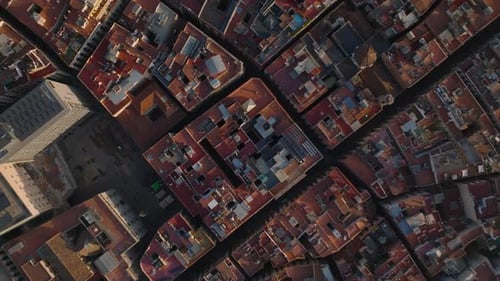 Top Down Shot of Blocks of Buildings in Historic Urban Quarter Red Roofs and Rooftop Terraces