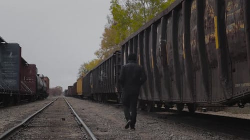 A Person Walks By Themselves Alongside Train Tracks During A Light Snow