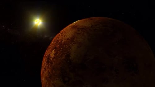 Realistische 3D-Ansicht des Planeten mit glühender Sonne auf der Venusoberfläche im Weltraum