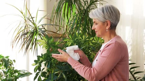 Senior Woman Wipes Leaves of Potted Plant Indoors