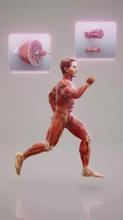 Konzeptionelle 3D-Animation eines rennenden anatomischen Muskelmannes