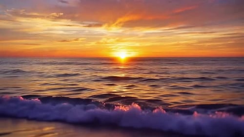 Sunset ocean waves at beach during golden hour with vibrant