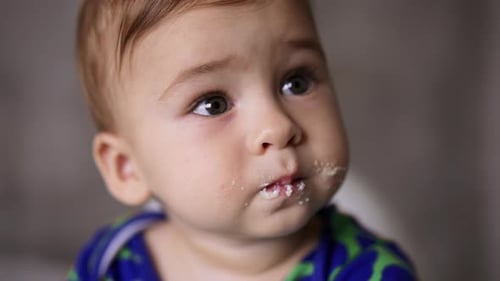 Adorável menino inocente com olhos acinzentados e rosto manchado comendo laticínios.