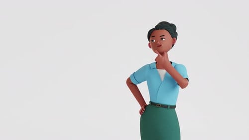 Woman thinking and looking for answer, Eureka. hand gesture, index finger up