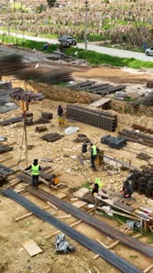 Vertical Video Aerial View Construction Site Work on Site