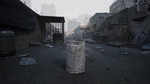 Abandoned Street with a Rusted Barrel and Debris in a Desolate Urban Area