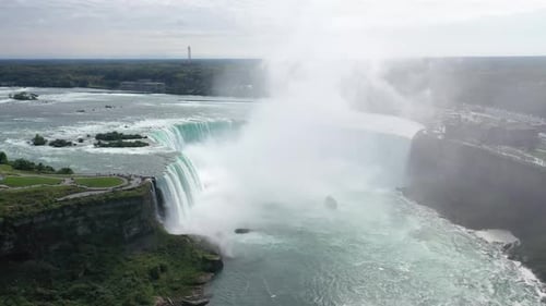 A breathtaking aerial view of Niagara Falls’ Horseshoe Falls, showcasing cascading water, mist, and
