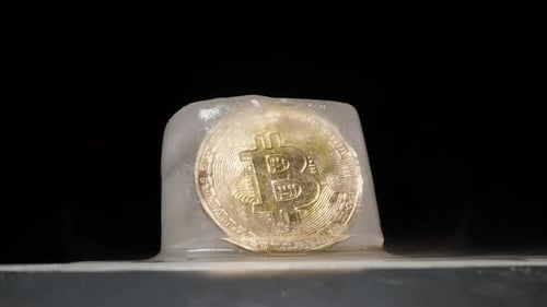 Bitcoin Coin Encased in a Melting Ice Cube on a Heated Metal Surface with Rising Steam Against a