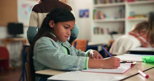 Class, writing and children with paper at school for education, child development and lesson
